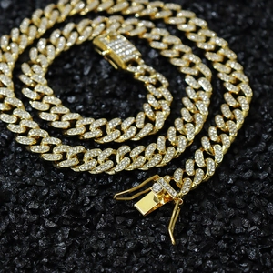 Chaîne cubaine dorée de 10mm avec strass brillants style hip hop pour hommes et femmes