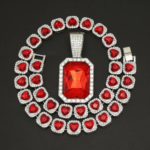 Collier Pendentif Cœur Rouge en Strass et Alliage Hip Hop Bijoux de Chaîne Maille Gourmette Exagérée pour Fête Unisex