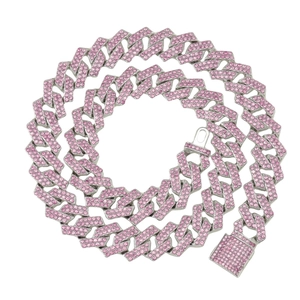 Collier chaîne Cuban link 15mm hip hop avec strass roses étincelants pour hommes et femmes