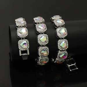 Hip Hop Herz AB Strass Cuban Link Kette Legierung Kristall Halskette Armband Für Herren Damen Schmuck Party Streetwear