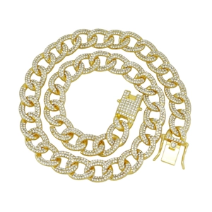 Vergoldete 13mm Cuban Link Kette mit glänzenden Zirkonia Steinen für Herren und Damen