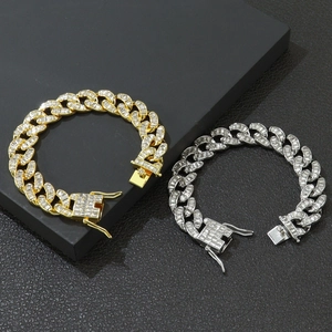Bracciale Cuban Link 15mm con diamanti rettangolari hip hop in finitura oro e argento