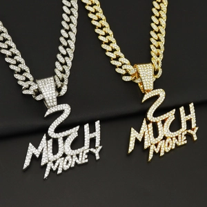 Bijoux Hip Hop Alliage Strass 2 MUCH MONEY Lettre Pendentif Collier Or Argent Iced Out Chaîne Cubaine Accessoires Streetwear pour Hommes