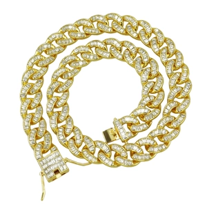 Collana cubana 15mm in oro con zirconi a taglio baguette per uomo stile hip hop
