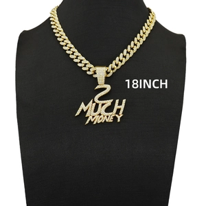 Chaîne cubaine hip hop dorée 18 pouces avec pendentif lettre 2 MUCH MONEY glacé