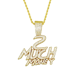 Collier hip hop plaqué or avec pendentif 2 MUCH MONEY et pierres serties pour hommes
