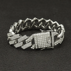 Mens 20mm hip hop Cuban link bracelet in silver finish with triple row micro pave diamonds