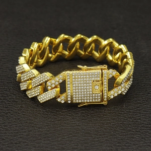 Bold Hip Hop Cuban Link Bracelet For Men 20mm Wide Triple Row Iced Out Rhinestone Alloy Gold Silver Plated Jewelry For Party