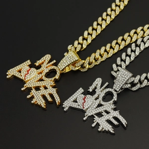 Hip hop Cuban chain necklace with iced out NO LOVE broken heart letter pendant