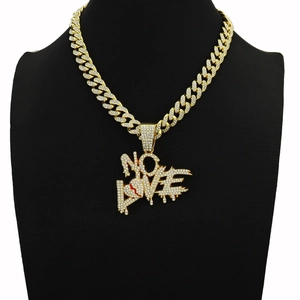 Golden Hip Hop Cuban Chain necklace with iced out NO LOVE broken heart pendant