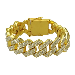Men's 20mm gold Cuban link chain with three rows of paved rhinestones and box clasp
