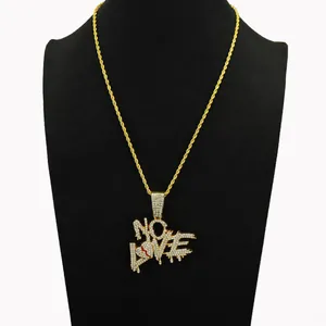 Hip hop 60cm stainless steel twist chain with iced out NO LOVE broken heart pendant