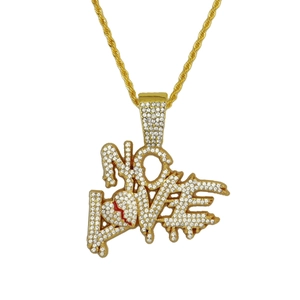 Hip hop style gold NO LOVE pendant necklace with iced out crystals and red broken heart