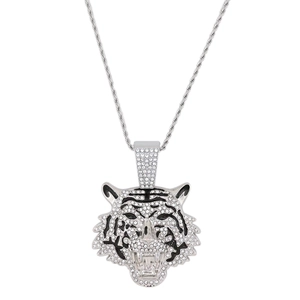 Collier avec pendentif tête de tigre hip hop strassé et chaîne cubaine pour homme