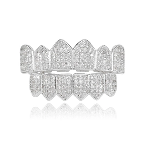 Silver plated iced out hip hop teeth grillz set with shiny micro paved cubic zirconia