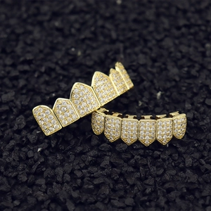 Hip hop gold plated grillz set with shiny cubic zirconia stones for upper and lower teeth