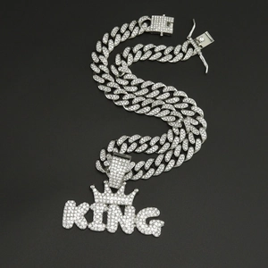 Collana cubana d'argento con corona di strass e ciondolo KING in stile hip hop
