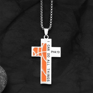Collana a croce da uomo con trama basket e incisione I Can Do All Things