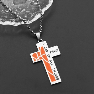 Collana a croce in acciaio inossidabile con trama basket arancione e incisione I Can Do