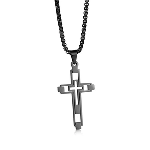 Collana con ciondolo a doppia croce nera traforata con catena a scatola per uomo