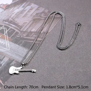 Mini silver rock guitar pendant necklace in stainless steel with a fine chain link