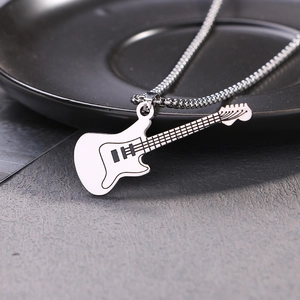 Rock electric guitar pendant necklace with white finish and silver snake chain for men