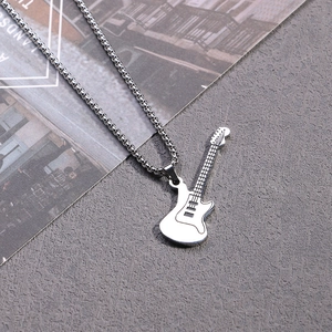 Mini silver electric guitar pendant necklace in stainless steel with a box chain