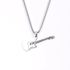 Mini silver electric guitar pendant necklace in stainless steel on white background