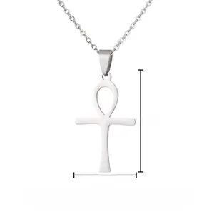 Collana con croce Ankh in acciaio inossidabile lucido con ciondolo 3,8x2,3cm e catena O 50cm