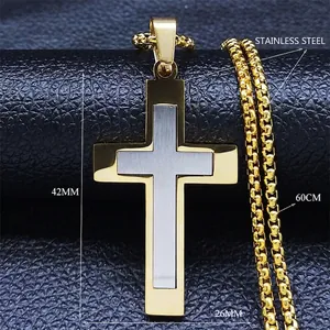 Collier avec pendentif croix bicolore en acier inoxydable or et argent pour hommes
