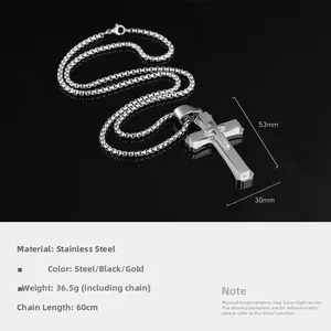 Detailed size chart of stainless steel cross necklace showing 53mm height and 36.5g weight