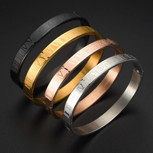 Vintage Stainless Steel Roman Numeral Bangle Bracelet For Women Men Classic Simple Engraved Metal Hand Cuff Jewelry