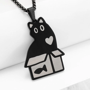 Collier Pendentif Chat Noir Dessin Animé Dans Boîte Bijoux en Acier Inoxydable Cœur Accessoire Animalier Unique Homme Femme