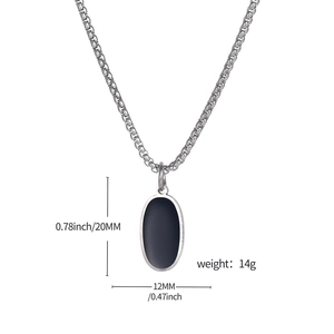 Detailed view of black oval pendant necklace with dimensions 20mm height and 12mm width
