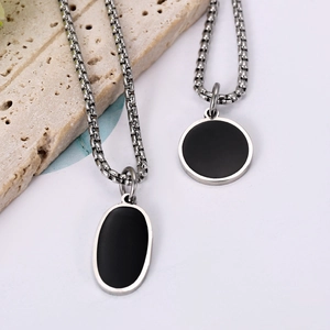 Minimalist stainless steel oval and round black enamel pendants on silver chain necklaces