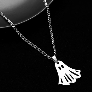 Collier avec pendentif fantôme en acier inoxydable poli pour Halloween avec chaîne plate