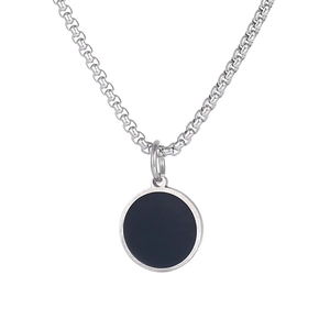 Minimalist silver stainless steel necklace with round black enamel pendant for men
