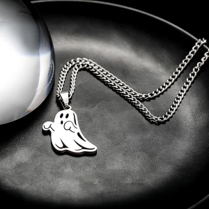 Cute Halloween Cartoon Ghost Pendant Necklace Polished Titanium Steel Silver Tone Individual Jewelry For Women Men Gift