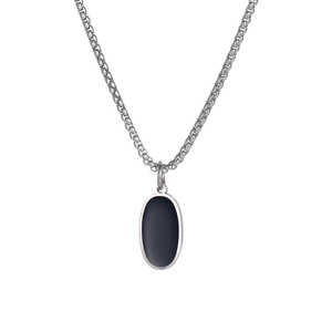 Minimalist stainless steel necklace featuring a black oval geometric pendant on a box chain