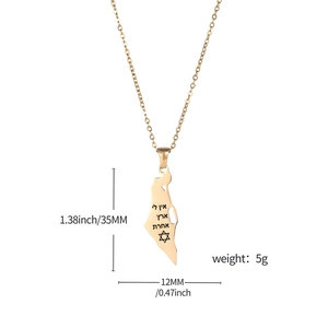 Close-up of gold stainless steel Israel map pendant with Hebrew text and Star of David