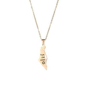 Detailed shot of gold Israel map necklace with Hebrew engraving and Star of David