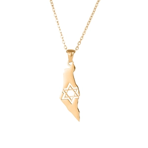 Gold Israel map pendant necklace featuring David's star cutout on polished chain