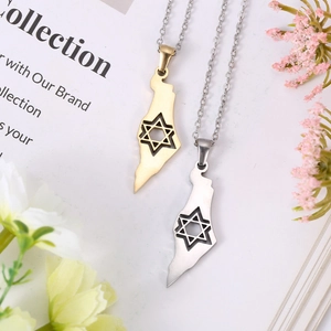 Gold and silver stainless steel Israel map pendant necklace with Star of David cutout