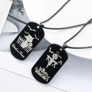 Black stainless steel Halloween necklaces with pumpkin scarecrow and cat engravings