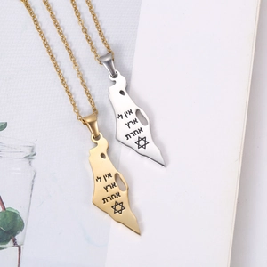 Minimalist map pendant necklace in gold and silver with Hebrew engraving and Star of David