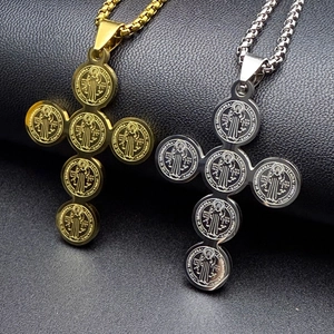 Stainless Steel St Benedict Medal Cross Pendant Necklace For Men Women Hip Hop Religious Jewelry Round Box Chain Gift