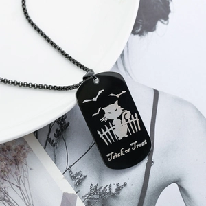 Halloween black stainless steel tag necklace with Trick or Treat cat and bat engraving