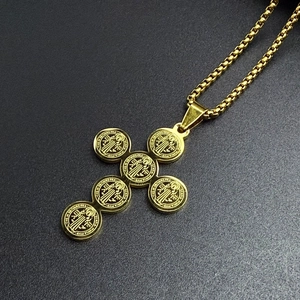 Gold Saint Benedict cross necklace for men with circular medals and box chain pendant
