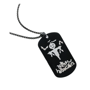 Black stainless steel dog tag necklace with Halloween scarecrow and bat engraving
