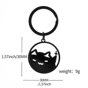 Black stainless steel cat keychain with hollow silhouette design and 30mm diameter dimensions